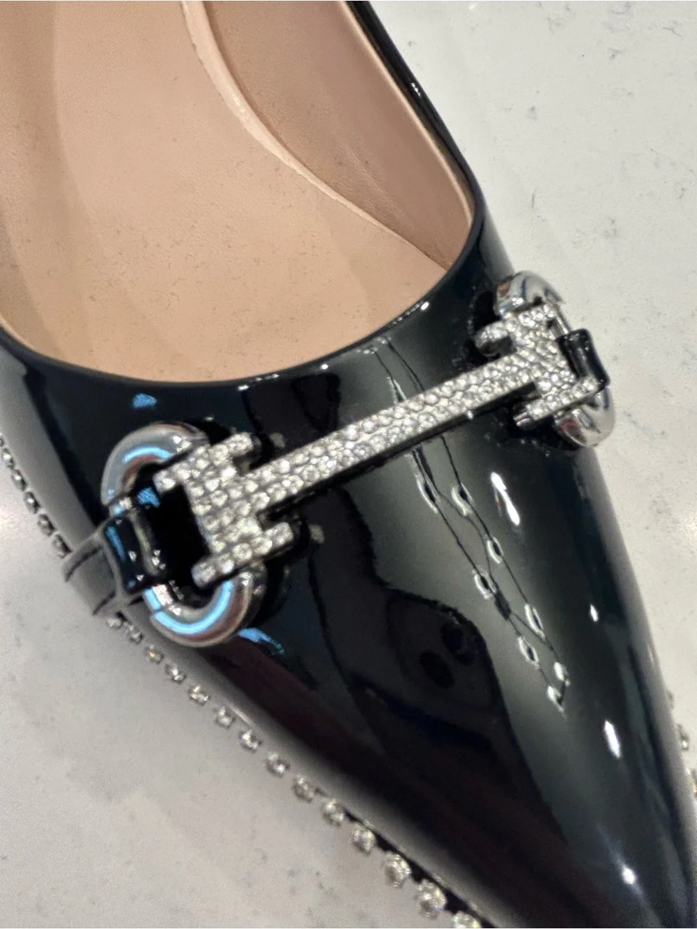Pointed Patent Leather Flats with Silver Chain Detail - Black